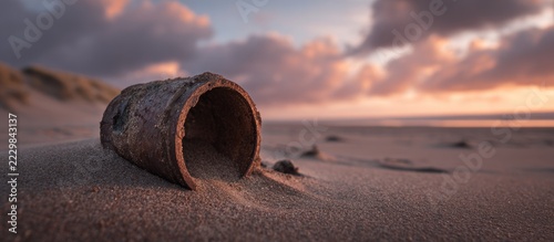 Close-up shot of a rusty pipe on a sandy beach at sunset, with dunes and sky in the background
