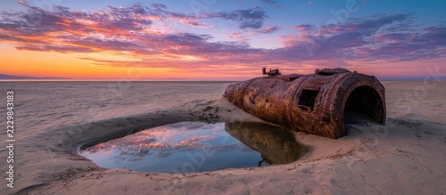 Rusty metal structure on a sandy beach, reflecting sunset colors in a pool