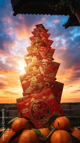 Tower of Red Envelopes and Oranges Under a Dramatic Sunset Sky.