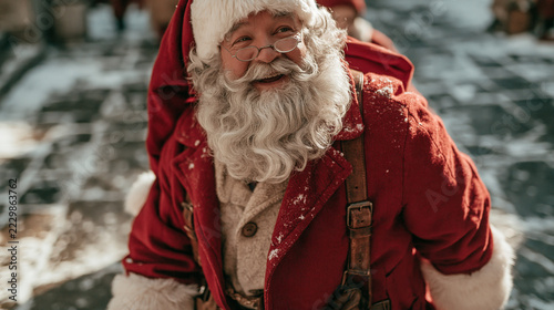 Happy Santa Claus in Red Coat Outdoors in Winter