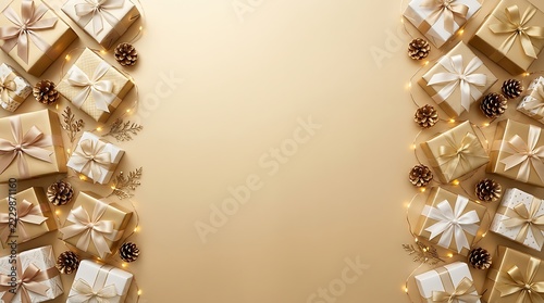 Elegant neutral Christmas banner background template, flat lay wrapped gift boxes and pine cones side border with blank copy space