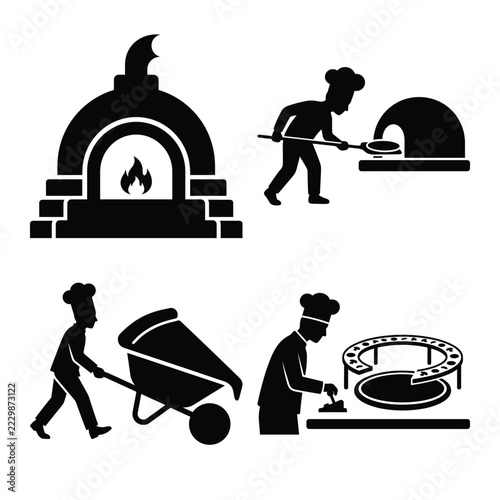Industrial pizza production icons showing ovens and workers.