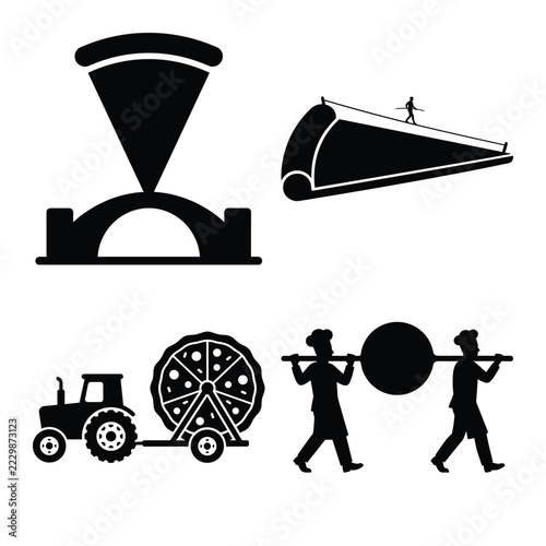 Creative pizza transport and bridge silhouette icons set vector.