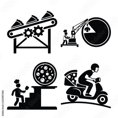 Pizza factory and delivery logistics showing modern service.