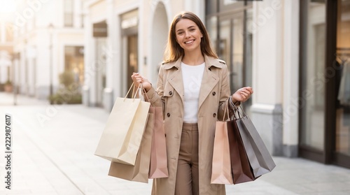 Happy young woman holding paper shopping bags on a sunny city street