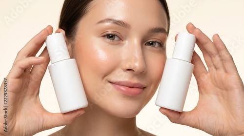 Beautiful young woman holding two blank white cosmetic bottle mockups near her face