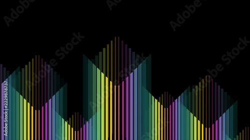 Translucent vertical bars in rainbow palette rise and fall in repeating geometric waves against black. Colorful abstract motion background. Seamless loop. Video animation Ultra HD 4K 3840x2160