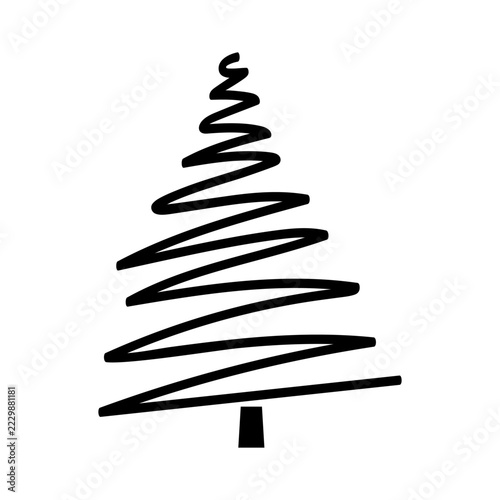 Abstract Christmas tree, vector icon. Minimalist holiday plant, coniferous branches and a trunk. Black and white line art, calligraphy spruce illustration. Hand-drawn clipart for cards, poster design