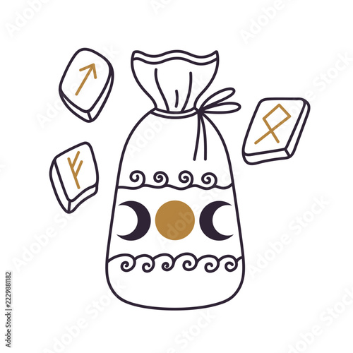 Mystic rune stones and pouch, vector illustration. Hand-drawn esoteric boho rune bag icon with celestial moon phases. Magical black and white line art, occult prediction sketch for tarot design