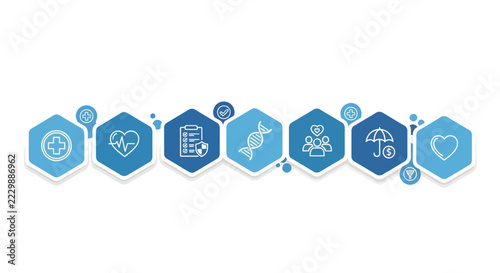 Row of Blue Hexagonal Icons Representing Digital Technology Concepts and Interfaces.