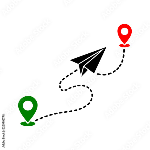 Paper airplane route path with green and red pin location markers vector