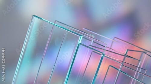 Transparent glass panes refracting colorful light patterns on blurred