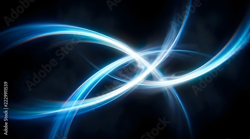 Luminous blue light arcs intersecting on a deep black background