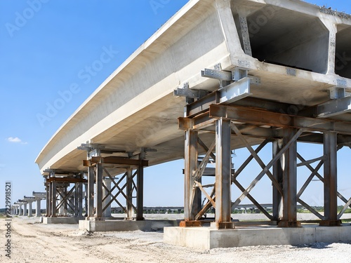 Massive precast prestressed concrete box girder resting on temporary steel falsework bents