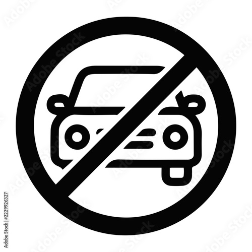 Car Free Day Symbol and No Entry for Motor Vehicles Icon. Black and White Prohibition Sign Representing Environmental Conservation, Eco-Friendly Urban Transport, and Pedestrian Only Zone Regulations.