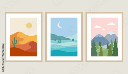 Abstract landscape wall art set, modern minimalist nature posters with desert, sea, and mountain vector illustration