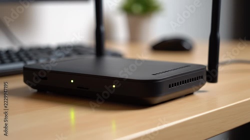 Close-up of a generic black Wi-Fi router on a wooden desk, its status LEDs blinking in a softly lit workspace with a blurred keyboard and mouse in the background.