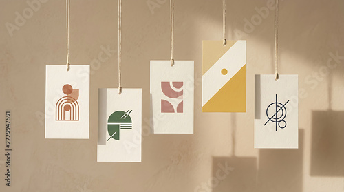A set of hanging minimalist price tags or label mockups featuring earth-tone geometric artwork, arches, and abstract patterns against a warm neutral plaster wall background