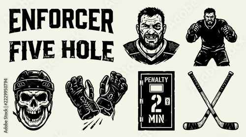 Photography A set of vintage-style monochrome vector illustrations featuring an ice hockey enforcer, a skull in a helmet, hockey gloves, crossed sticks, and a penalty box