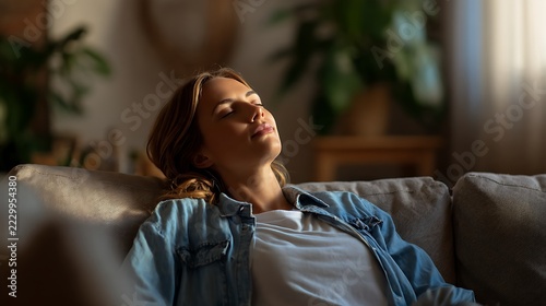 relaxed woman resting on sofa at home with eyes closed. mental wellness, stress relief and self care lifestyle concept