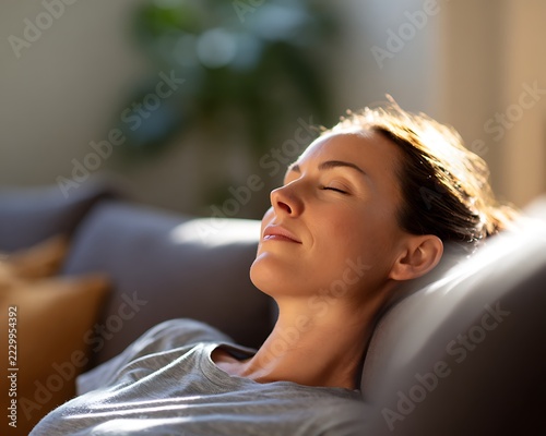 relaxed woman resting on sofa at home with eyes closed. mental wellness, stress relief and self care lifestyle concept