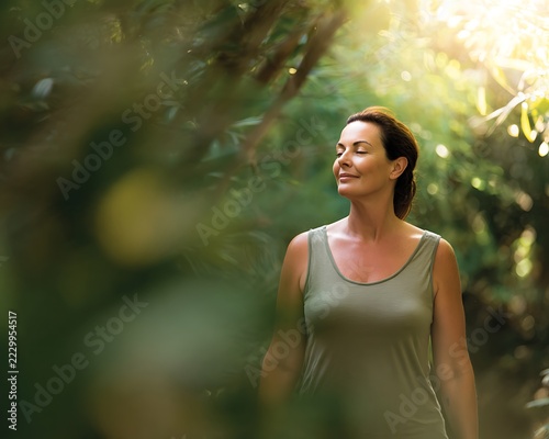 woman walking peacefully through a green forest. mental wellness, nature therapy and stress relief lifestyle concept