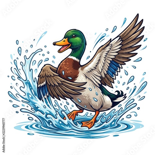 Cartoon Mallard Duck Splashing in Water Wings Spread