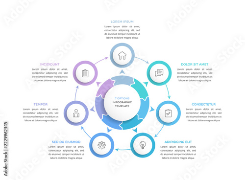 Seven options infographic template with a central circle and arrows connecting seven circular nodes. 7 options cycle chart or diagram. Vector illustration