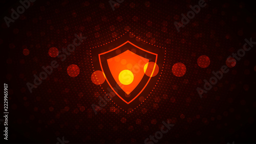 Cybersecurity technology concept background with abstract glowing neon orange secure shield for digital data protect and luminous orange aura flare, and digital bokeh sparkles for advanced cyber crime
