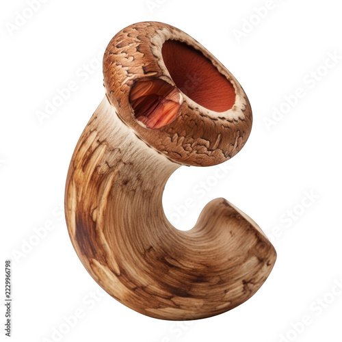 Curved wooden sculpture with carved texture and hollow interior