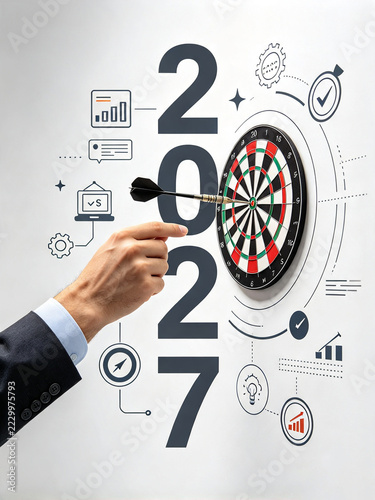 A businessperson’s hand points toward a graph representing the targets to be achieved by 2027.