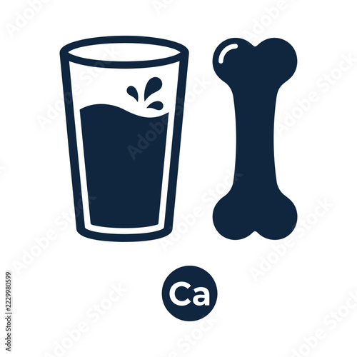Milk glass and bone icon with Ca symbol for healthy calcium nutrition infographic