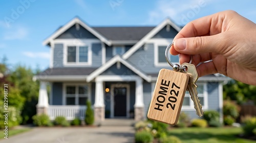 Hand holding wooden HOME 2027 key tag in front of suburban house exterior