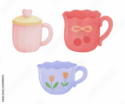 Cute Pastel Tea Mugs with Heart Lid, Cherry Bow and Tulip Patterns