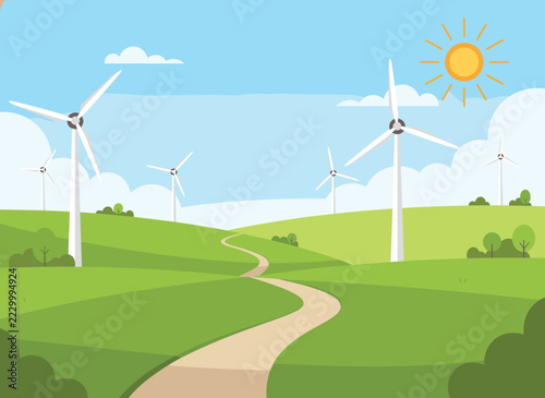 Modern wind turbines standing gracefully across bright green rolling hills under a shining sun on clear day.