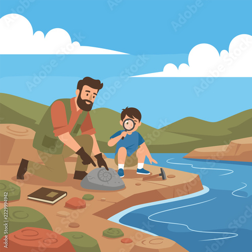 Father and son searching for ammonite fossils along a riverbank using a magnifying glass and geological hammer.