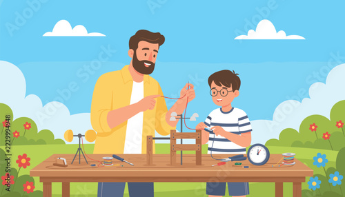Father and son assembling a homemade weather station wind gauge project on a wooden garden workbench outside.