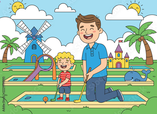Cheerful father and son playing mini golf together on an outdoor miniature golf course with colorful obstacles.