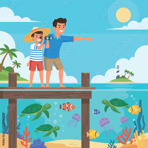 Father and son observing vibrant marine life and sea turtles from a wooden pier over crystal clear blue water.