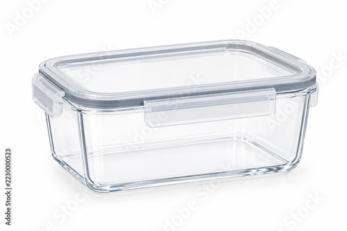 Transparent reusable food storage container with simple airtight lid, completely unbranded, isolated on pure white background, realistic commercial product photography