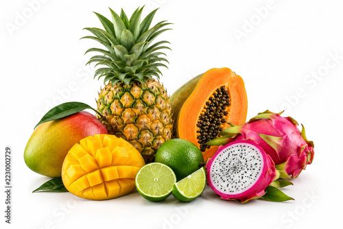 Pineapple, mango, papaya, lime and dragon fruit arranged into a visually balanced artistic composition, natural realistic textures, isolated on pure white background, soft studio lighting, commercial 