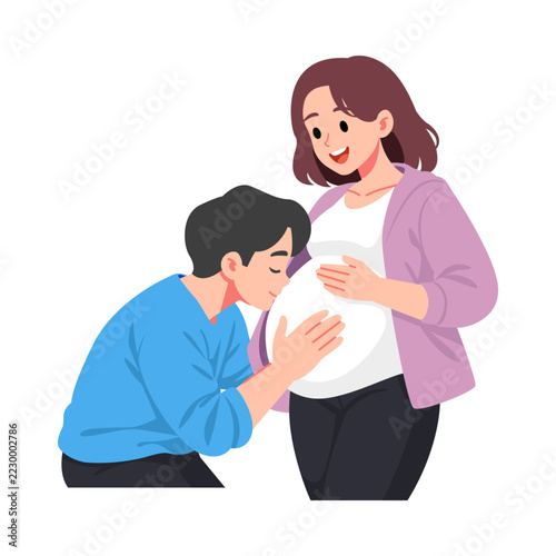 Happy Couple Expecting Baby and Man Kissing Pregnant Woman Belly