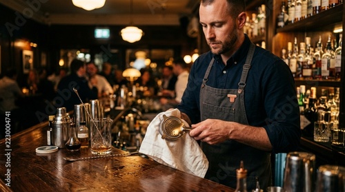 Bartender cleaning cocktail strainer at a bar, preparing drinks for customers