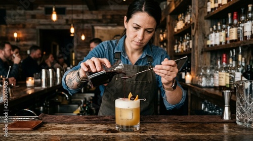 Bartender crafting cocktail in rustic bar