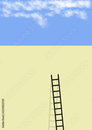 Minimalist conceptual illustration of a ladder leading up against a yellow wall and blue sky representing success and career growth