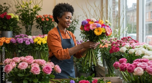 Florist arranging vibrant bouquets in a flower shop with colorful blooms and natural light