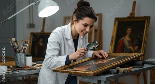Woman examining a painting with a magnifying glass in an art studio, surrounded by artworks and tools