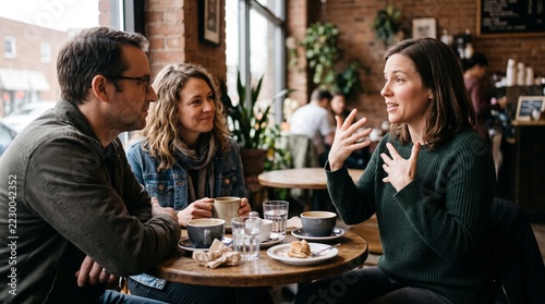 Woman communicating in sign language with two friends at cafe table