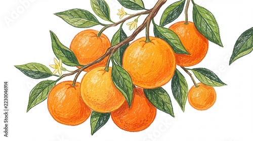 Vibrant Orange Citrus Fruit Branch with Green Leaves.