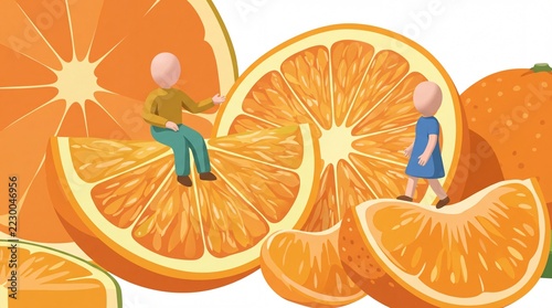 Vibrant Orange Fruit Slices with Two Children Playing.